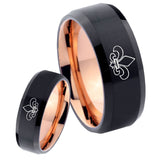 His Hers Fleur De Lis Bevel Tungsten Rose Gold Custom Ring Set for Men