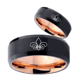 His Hers Fleur De Lis Bevel Tungsten Rose Gold Custom Ring Set for Men