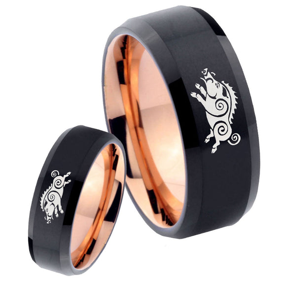 His Hers Wild Boars Bevel Tungsten Rose Gold Custom Ring Set for Men