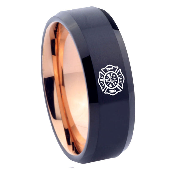 10mm Fire Department Bevel Tungsten Carbide Rose Gold Promise Ring