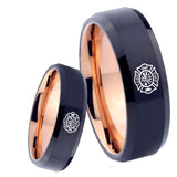 8mm Fire Department Bevel Tungsten Carbide Rose Gold Mens Band Ring
