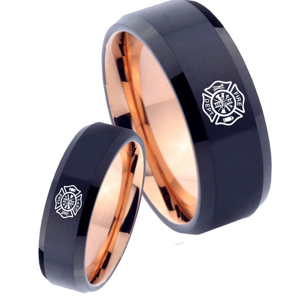 His Hers Fire Departments Bevel Tungsten Rose Gold Band Ring Set
