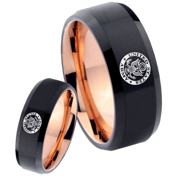 His Hers U.S. Army Bevel Tungsten Rose Gold Custom Ring Set for Men