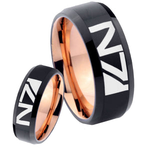 His Hers N7 Designs Bevel Tungsten Rose Gold Custom Ring Set for Men