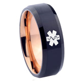 8mm Medical Alert Bevel Tungsten Carbide Rose Gold Mens Ring Engraved