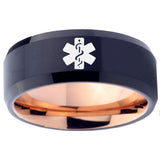 10mm Medical Alert Bevel Tungsten Carbide Rose Gold Men's Wedding Ring