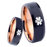 8mm Medical Alert Bevel Tungsten Carbide Rose Gold Mens Ring Engraved