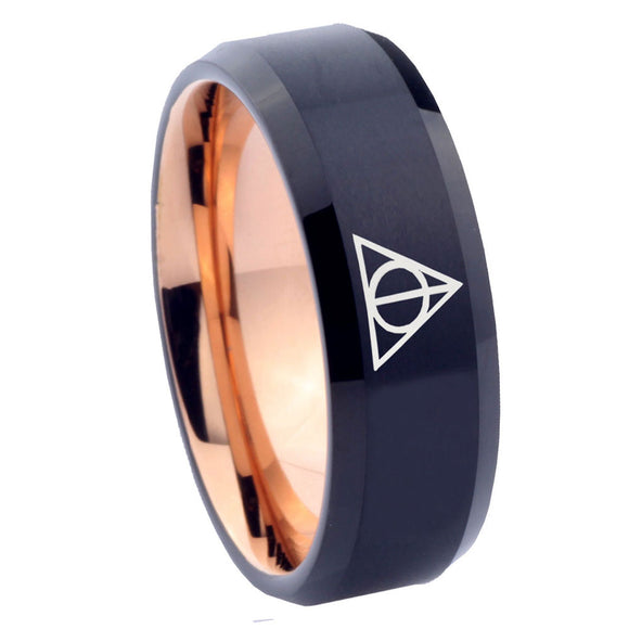 10mm Deathly Hallows Bevel Tungsten Rose Gold Wedding Band Mens