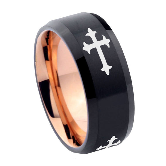 8mm Christian Cross Religious Bevel Tungsten Carbide Rose Gold Men's Ring