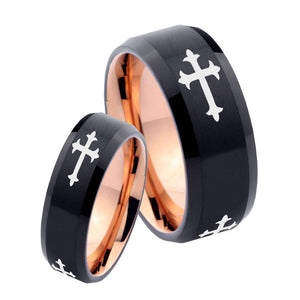 His Hers Christian Cross Religious Bevel Tungsten Rose Gold Custom Ring Set for Men