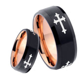 8mm Christian Cross Religious Bevel Tungsten Carbide Rose Gold Men's Ring