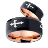 His Hers Christian Cross Religious Bevel Tungsten Rose Gold Custom Ring Set for Men