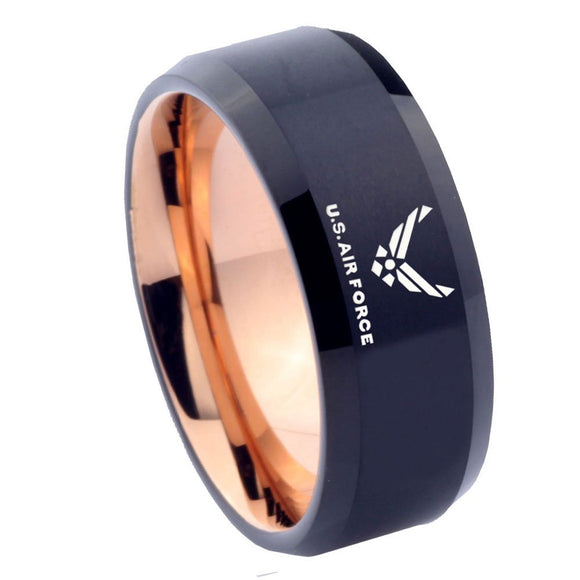 8mm US Air Force Bevel Tungsten Carbide Rose Gold Mens Band Ring