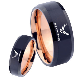 His Hers US Air Forces Bevel Tungsten Rose Gold Promise Ring Sets