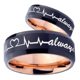 His Hers Heart Beat forever Heart always mores Bevel Tungsten Rose Gold Ring Set