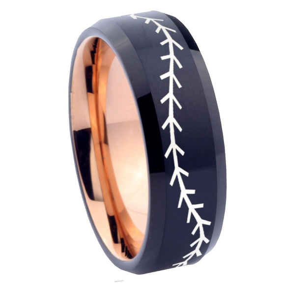 8mm Baseball Bevel Tungsten Carbide Rose Gold Men's Wedding Ring