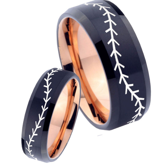His Hers Baseballs Bevel Tungsten Carbide Rose Gold Promise Ring Set