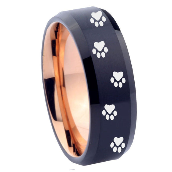 8mm Paw Print Design Bevel Tungsten Rose Gold Custom Ring for Men