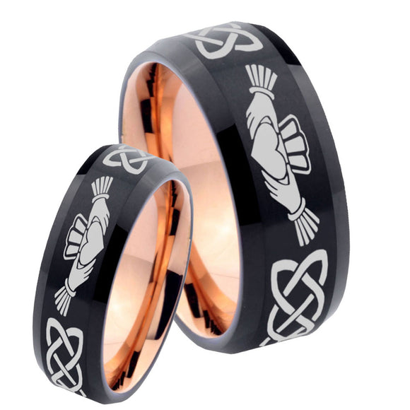 His Hers Irish Claddagh Bevel Tungsten Rose Gold Custom Ring Set for Men