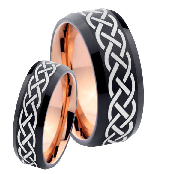 His Hers Celtic Knots Bevel Tungsten Rose Gold Custom Ring Set for Men