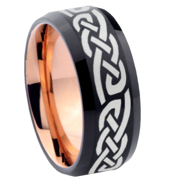8mm Celtic Knot Infinity Love Bevel Tungsten Carbide Rose Gold Men's Ring
