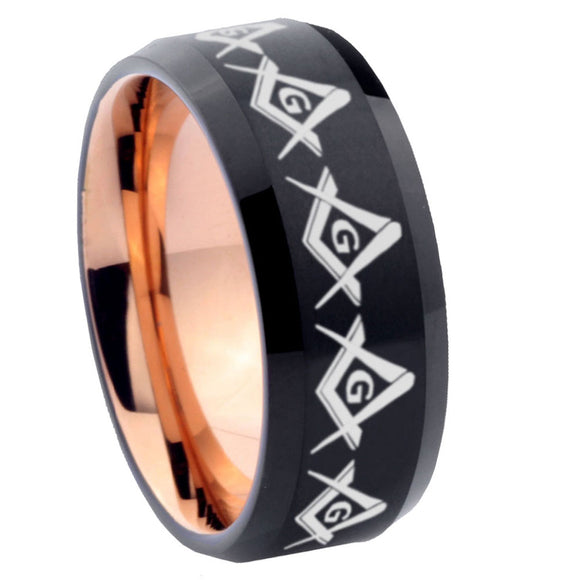 10mm Masonic Square and Compass Bevel Tungsten Rose Gold Mens Wedding Band