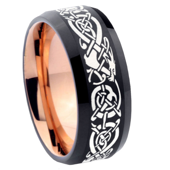 10mm Celtic Dragon Bevel Tungsten Rose Gold Mens Wedding Band