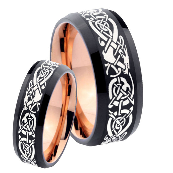 His Hers Celtic Dragons Bevel Tungsten Rose Gold Custom Ring Set for Men