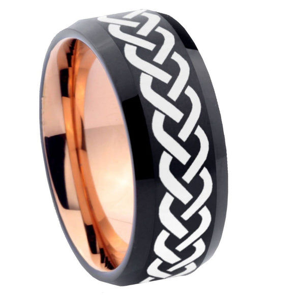 8mm Laser Celtic Knot Bevel Tungsten Carbide Rose Gold Men's Ring
