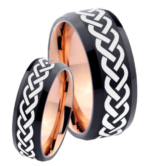 His Hers Laser Celtic Knots Bevel Tungsten Rose Gold Custom Ring Set for Men