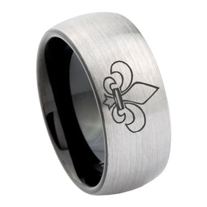 8mm Fleur De Lis Dome Tungsten Carbide Silver Black Wedding Band Mens