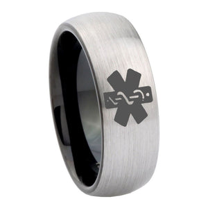 8mm Medical Alert Dome Tungsten Carbide Silver Black Men's Band Ring