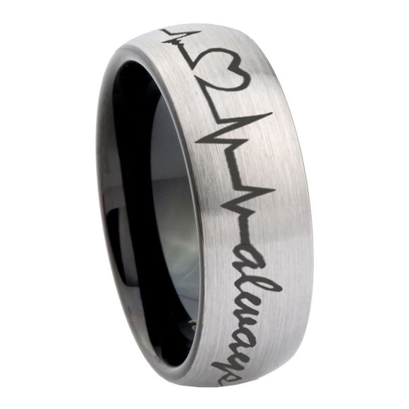 8mm Heart Beat forever Heart always more Dome Tungsten Silver Black Men's Ring
