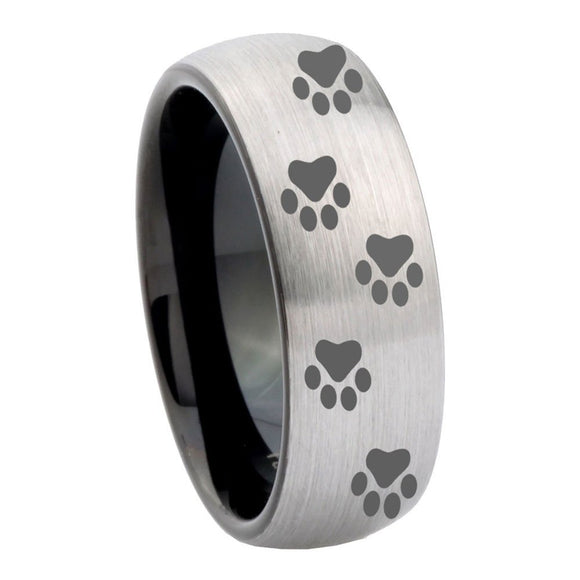 8mm Paw Print Design Dome Tungsten Carbide Silver Black Wedding Ring