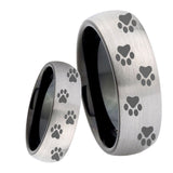 8mm Paw Print Design Dome Tungsten Carbide Silver Black Wedding Ring