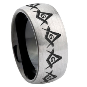 8mm Masonic Square and Compass Dome Tungsten Carbide Silver Black Wedding Band Mens