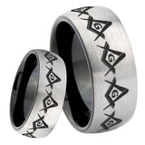 8mm Masonic Square and Compass Dome Tungsten Carbide Silver Black Wedding Band Mens