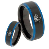 His Hers Fleur De Lis Blue Step Edges Tungsten Men's Wedding Band Set