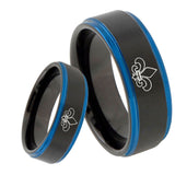8mm Fleur De Lis Blue Step Edges Tungsten Carbide Mens Wedding Ring