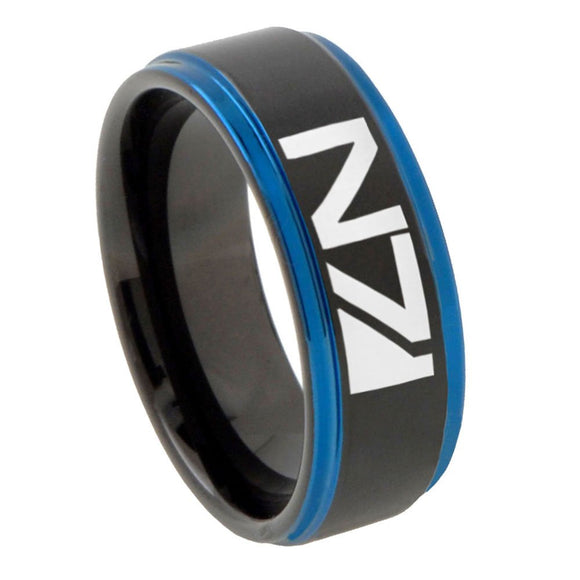 8mm N7 Design Blue Step Edges Tungsten Carbide Mens Wedding Ring