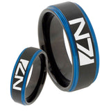 His Hers N7 Design Blue Step Edges Tungsten Men's Wedding Band Set