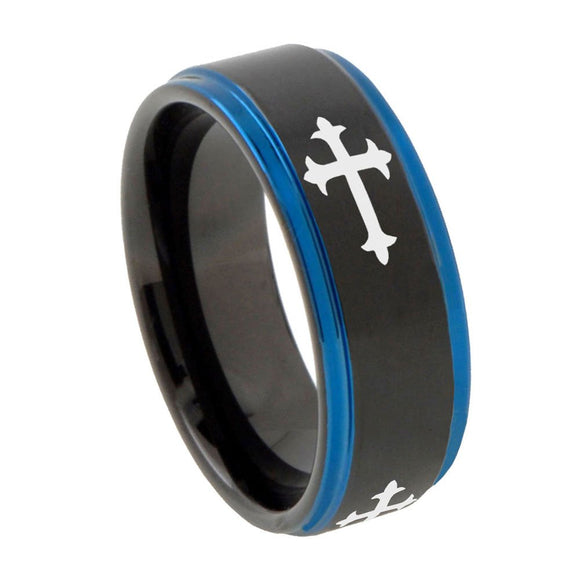 8mm Christian Cross Religious Blue Step Edges Tungsten Carbide Mens Wedding Ring