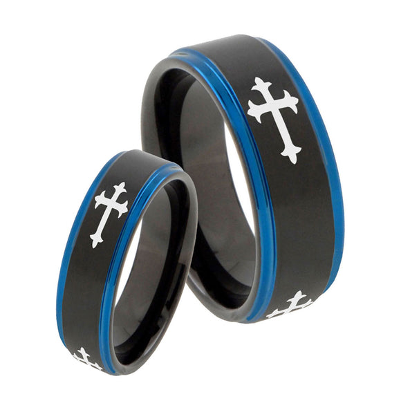 His Hers Christian Cross Religious Blue Step Edges Tungsten Men's Wedding Band Set