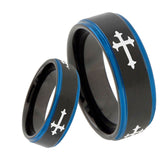 8mm Christian Cross Religious Blue Step Edges Tungsten Carbide Mens Wedding Ring