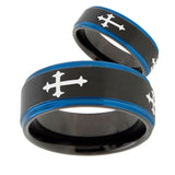 His Hers Christian Cross Religious Blue Step Edges Tungsten Men's Wedding Band Set