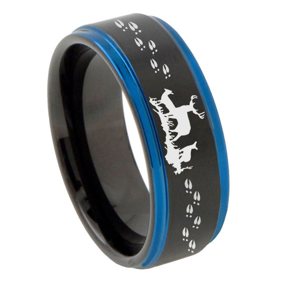 8mm Deer Hunting Blue Step Edges Tungsten Carbide Mens Wedding Ring