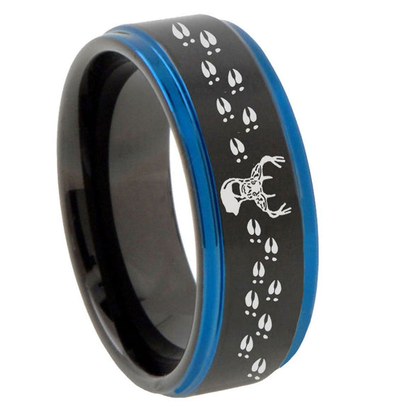 8mm Deer Antler Blue Step Edges Tungsten Carbide Mens Wedding Ring