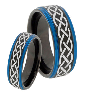 His Hers Celtic Knot Blue Step Edges Tungsten Men's Wedding Band Set