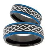 His Hers Celtic Knot Blue Step Edges Tungsten Men's Wedding Band Set