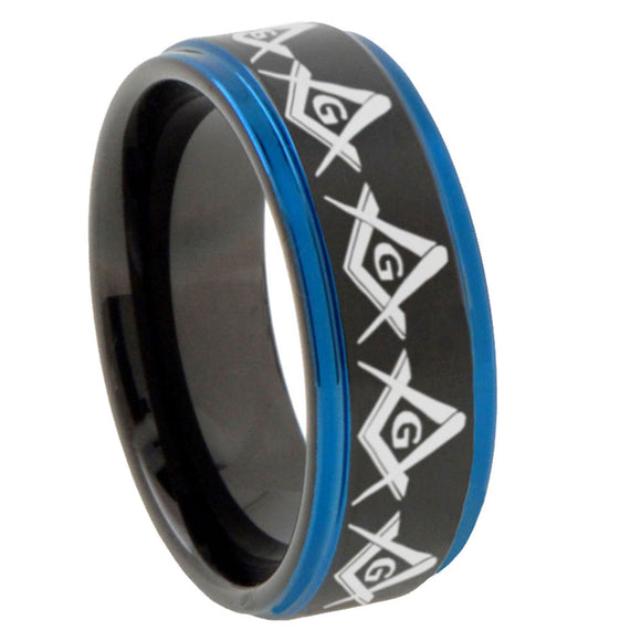 10mm Masonic Square and Compass Blue Step Edges Brushed Tungsten Carbide Mens Promise Ring